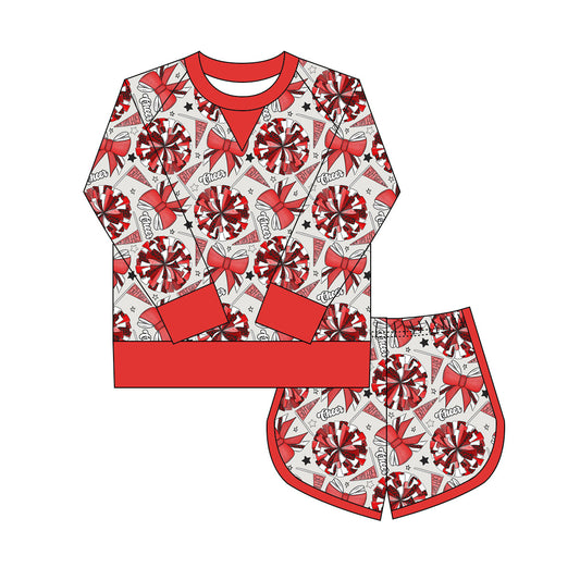 Preorder(moq 8)Baby Girls Red Bows Go Footballs Long Sleeve Top Shorts Team Clothes Set