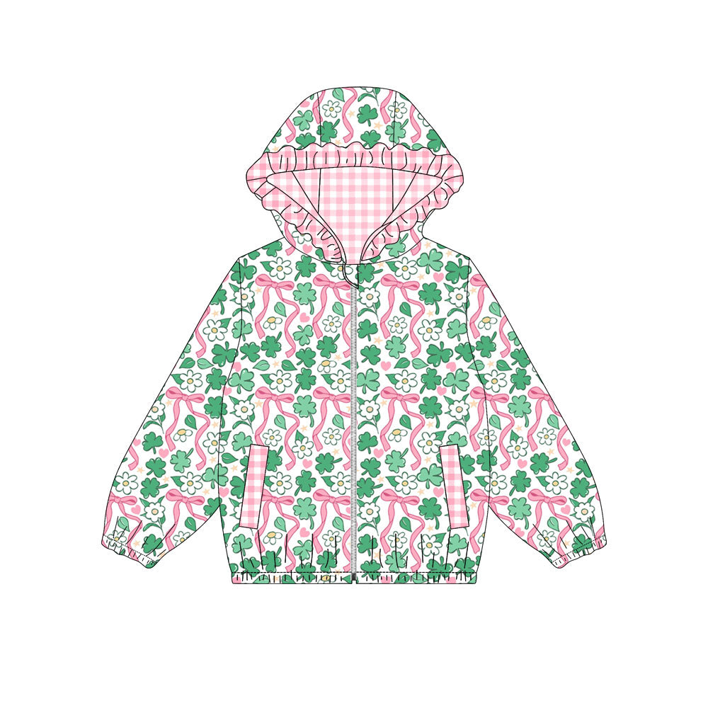 Preorder (moq5) Baby Girls Clovers Flowers Zip Pickets St Patrick Ruffle Hoodies Jacket Top