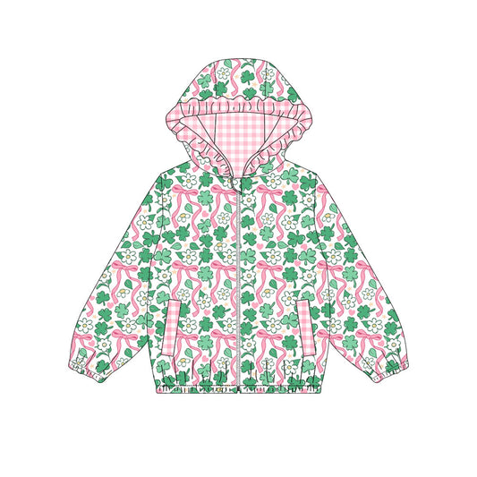 Preorder (moq5) Baby Girls Clovers Flowers Zip Pickets St Patrick Ruffle Hoodies Jacket Top