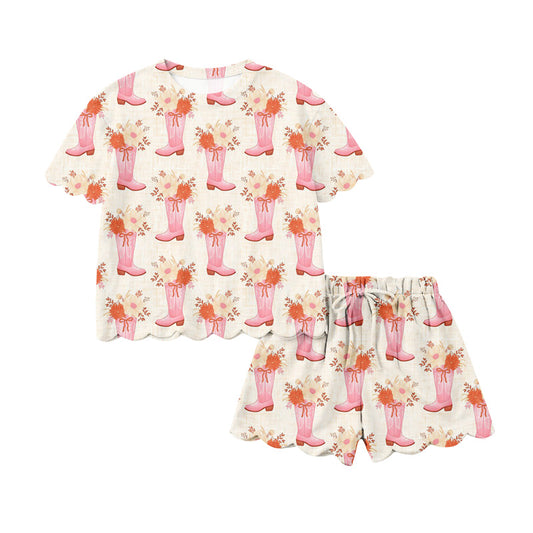 Preorder (moq 5)Baby Girls Colorful Flower Boots Top Scallop Shorts Western Clothes Sets