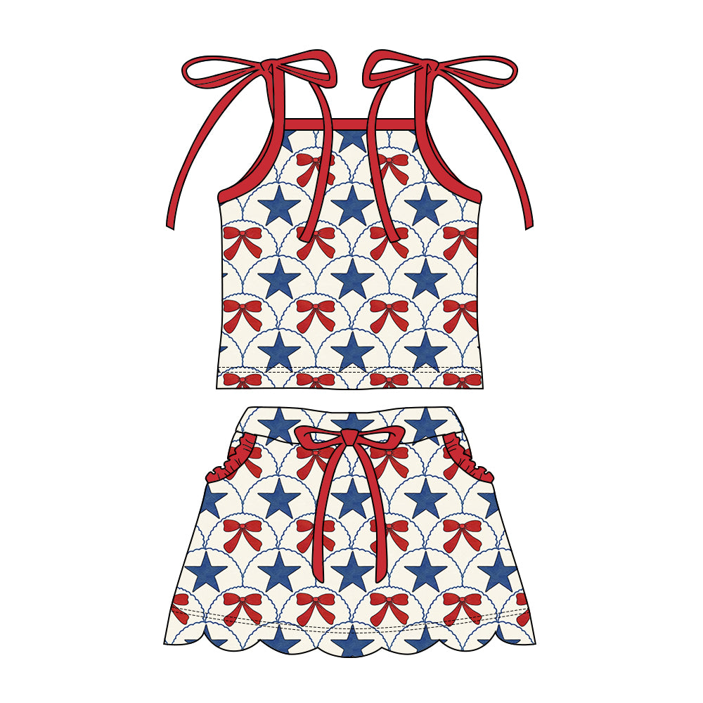 Preorder moq 5 Baby Girls Strap Bows Stars Top Pockets Scallop Skirt Short 4th of July Clothes Sets