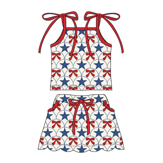 Preorder moq 5 Baby Girls Strap Bows Stars Top Pockets Scallop Skirt Short 4th of July Clothes Sets