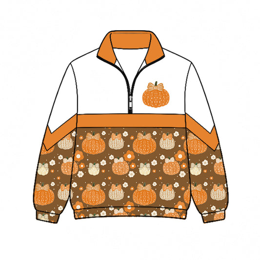 Preorder (moq 5)Baby Girls Bows Pumpkins Fall Zip Pullovers Top