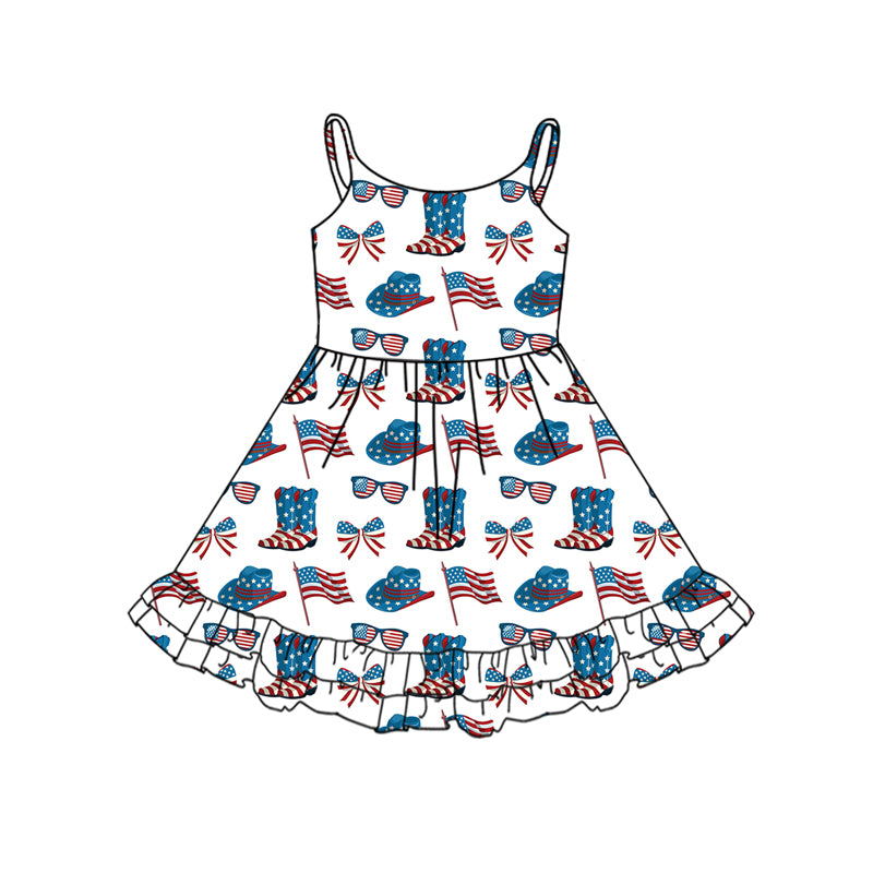 Preorder (moq 5)Baby Girls Strap Red Blue Boots Flags 4th Of July Knee Length Dresses