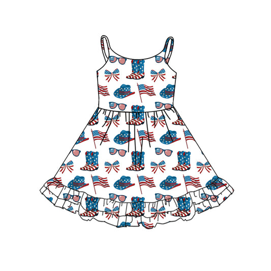 Preorder (moq 5)Baby Girls Strap Red Blue Boots Flags 4th Of July Knee Length Dresses