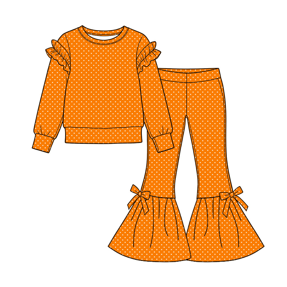 Preorder (moq 5) Baby Girl Clothes Orange White Polka Dot Mixed Print Long Sleeve Flare Pant Set