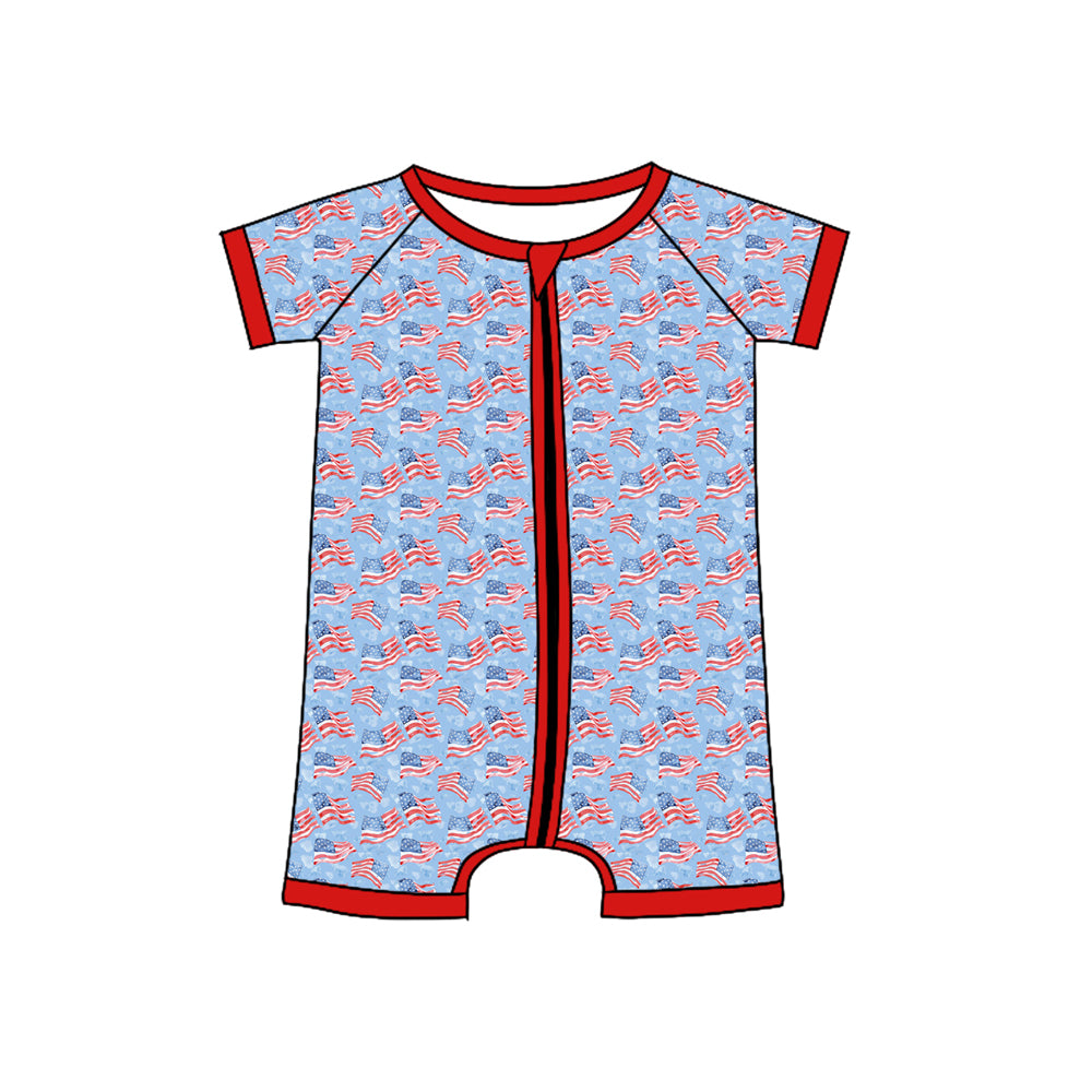 Preorder(moq 5)Baby Infant Boys 4th Of July Flags Zip Summer Rompers
