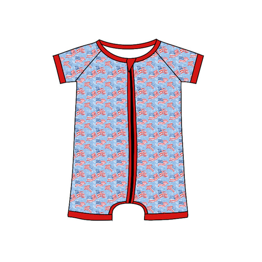 Preorder(moq 5)Baby Infant Boys 4th Of July Flags Zip Summer Rompers