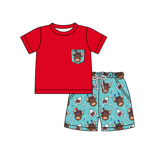 Preorder (moq 5)Baby Boys 4th Of July Summer Shirt Top Highland Cow Shorts Clothes Sets
