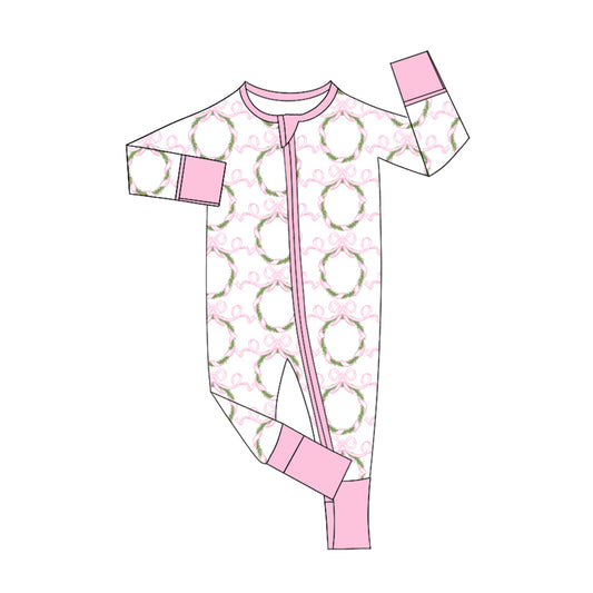 Preorder (moq 5)Baby Girls Pink Long Sleeves Bows Garland Zipper Rompers