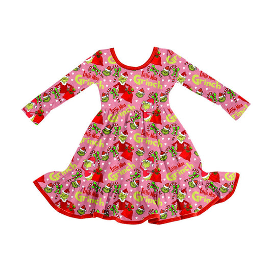 Preorder (moq 5)Baby Girls Green Faces Candy Cane Christmas Ruffle Knee Length Dresses