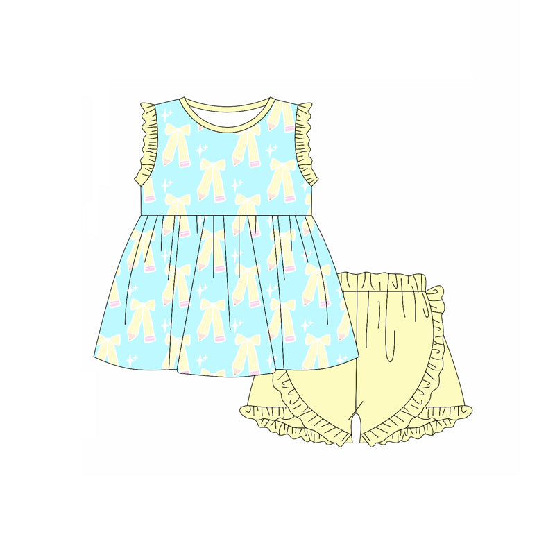 Preorder moq 5 Baby Girls Yellow Sleeveless Bows Pencils Tunic Ruffle Short Back School Set
