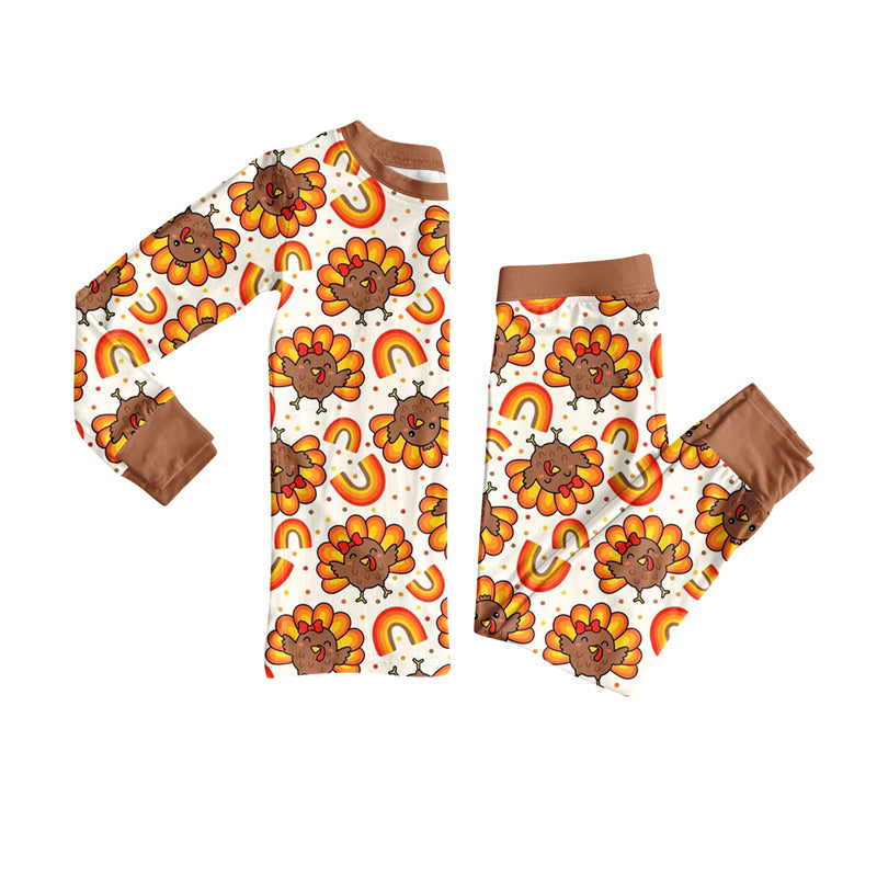Preorder (moq 5)Baby Girls Long Sleeves Turkey Rainbows Plaid Top Pants Pajamas Set