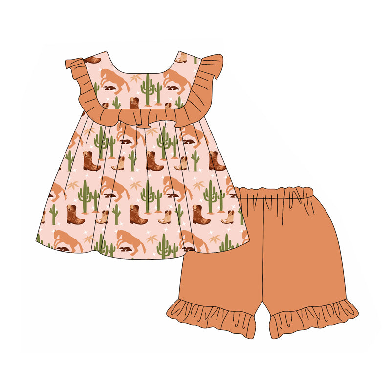 Preorder (moq 5)Baby Girls Pink Sleeveless Cactus Boots Tunic Ruffle Short Set