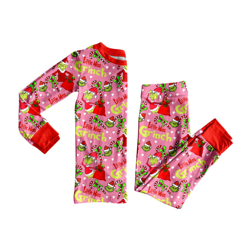 Preorder (moq 5)Baby Girls Green Faces Candy Cane Top Pants Christmas Pajamas Sets