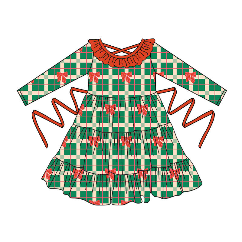 Preorder moq 5 Baby Girls Green Plaid Long Sleeves Red Bows With Belt Ruffle Knee Length Dresses