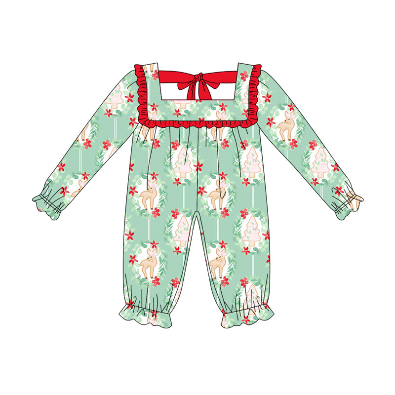 Preorder (moq 5)Baby Girls Green Long Ruffle Sleeves Deer Flowers Plaid Rompers
