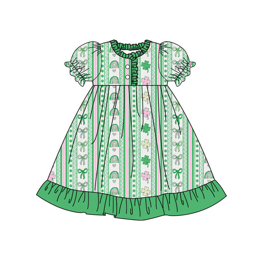 Preorder (moq 5)Baby Girls Green Clovers Stripe Button Ruffle St Patrick Knee Length Dresses