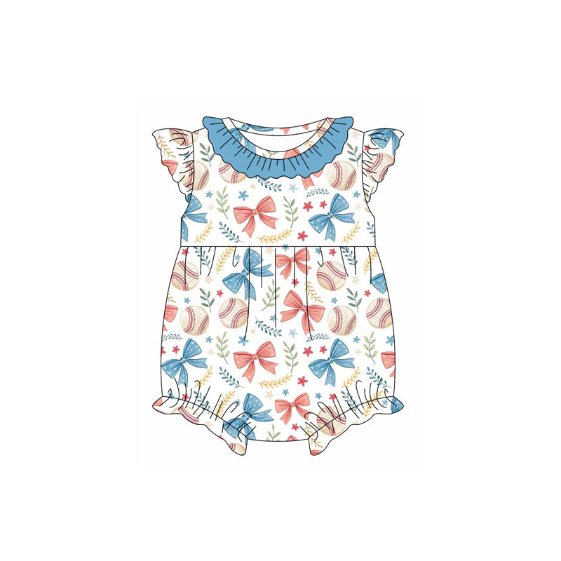 Preorder moq 5 Baby Girls Flutter Sleeves Floral Bows Baseballs 4th Of July Ruffle Rompers