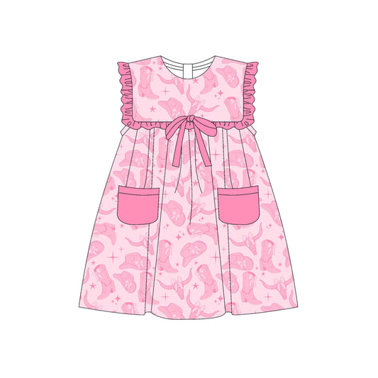 Preorder (moq 5)Baby Girls Pink Sleeveless Boots Bull Skulls Pockets Knee Length Dresses