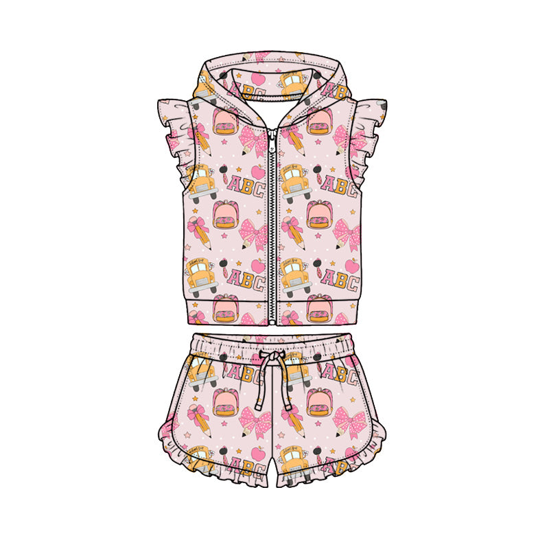 Preorder (moq 5)Baby Girls Bows Pencils Hoodie Zip Jacket Ruffle Short Back to School Clothes Sets