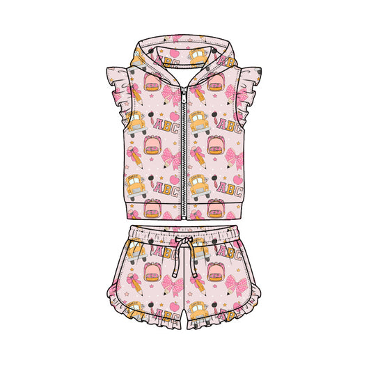 Preorder (moq 5)Baby Girls Bows Pencils Hoodie Zip Jacket Ruffle Short Back to School Clothes Sets