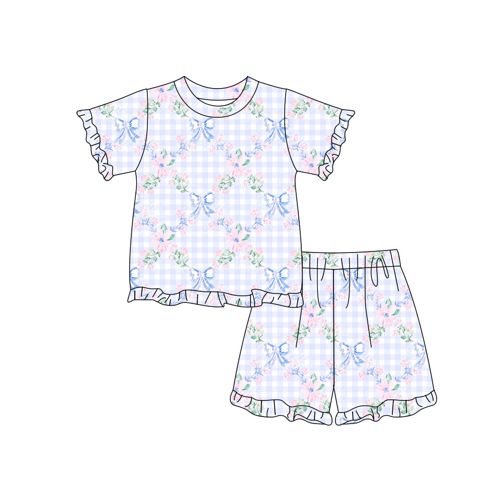 Preorder (moq 5)Baby Girls Blue Bow Flowers Checked Top Ruffle Shorts Clothes Sets
