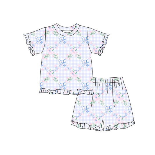 Preorder (moq 5)Baby Girls Blue Bow Flowers Checked Top Ruffle Shorts Clothes Sets
