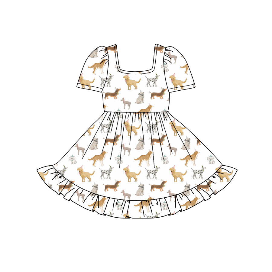 Preorder (moq 5)Baby Girls Short Sleeves Birthday Dogs Plaid Ruffle Knee Length Dresses