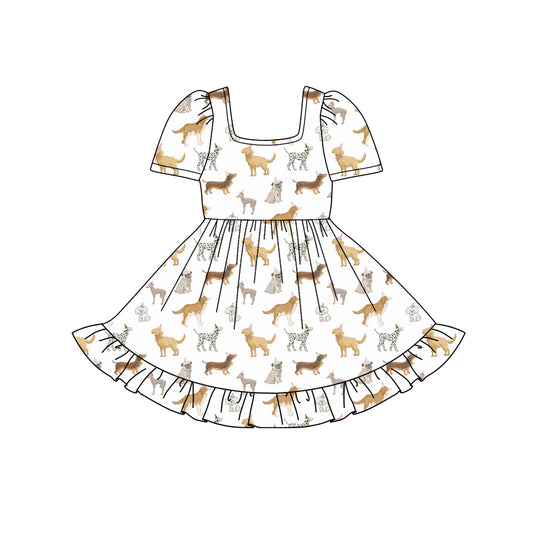 Preorder (moq 5)Baby Girls Short Sleeves Birthday Dogs Plaid Ruffle Knee Length Dresses