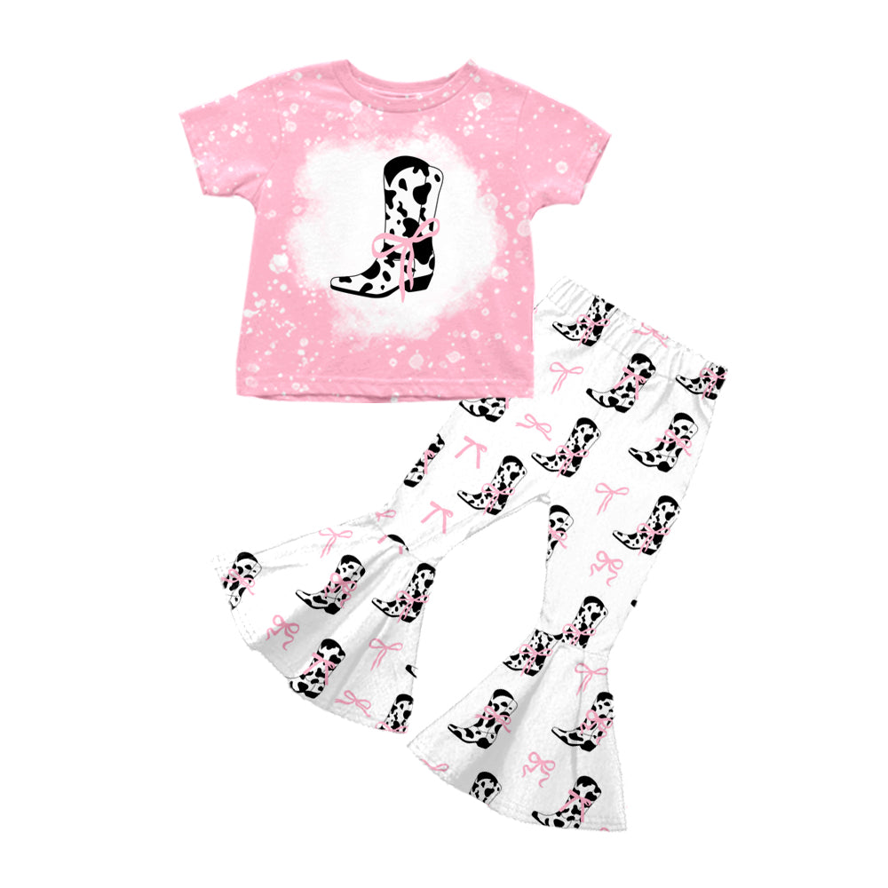 Preorder (moq 5)Baby Girls Pink Short Sleeves Cow Print Boot Bows Top Bell Bottom Pant Set