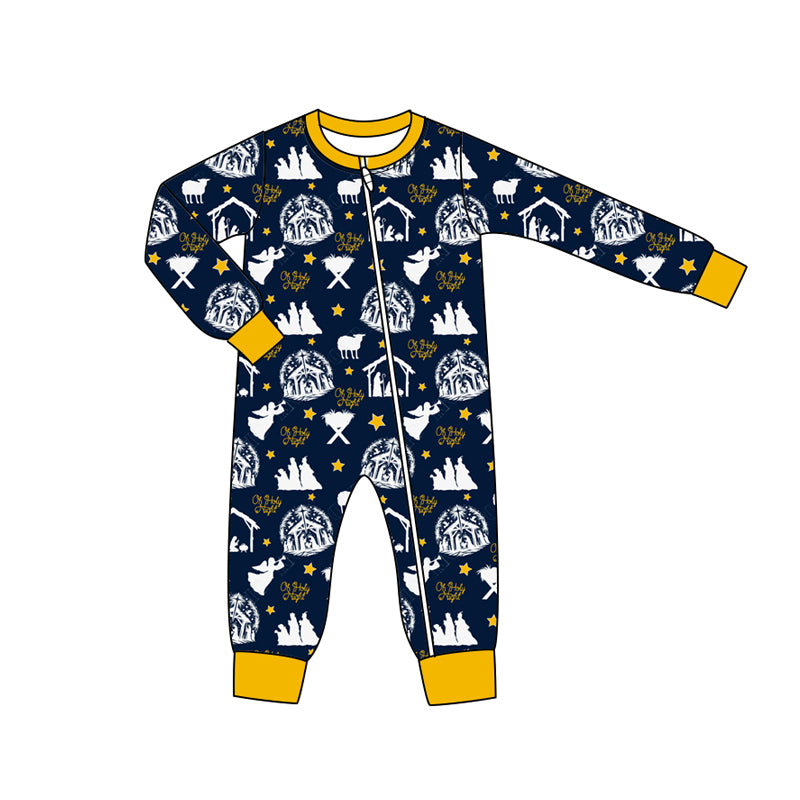 Preorder moq 5 Baby Infant Boys Navy Long Sleeves Stars Nativity Plaid Zipper Romper