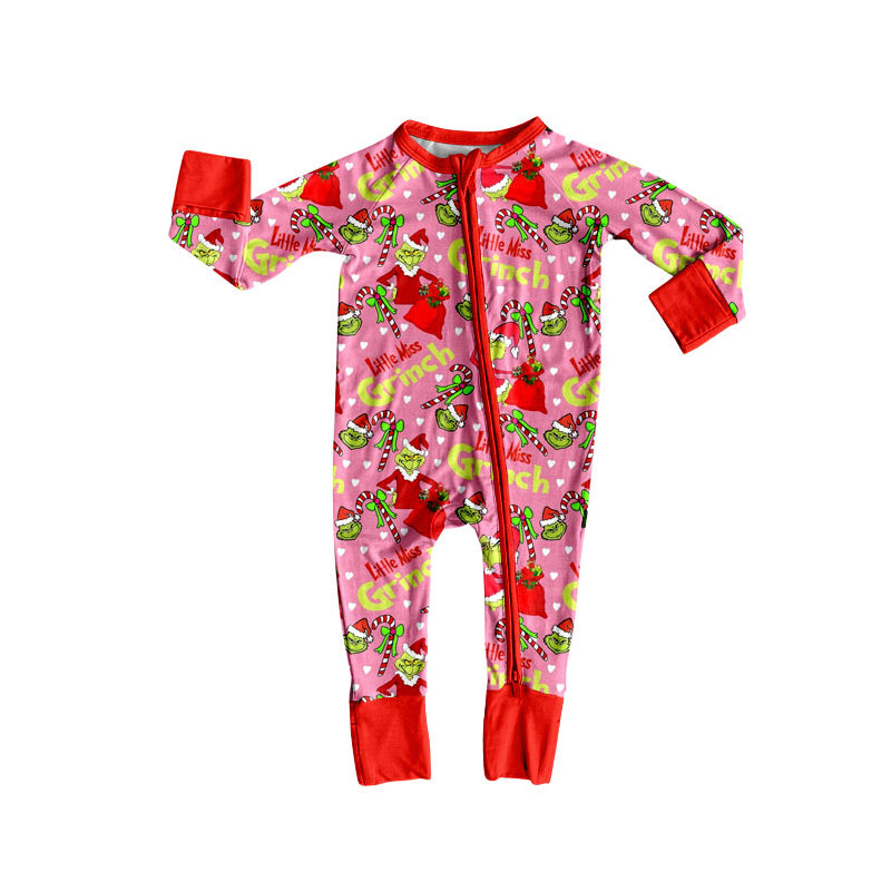 Preorder(moq 5)Baby Girls Green Faces Candy Cane Christmas Zipper Footie Rompers