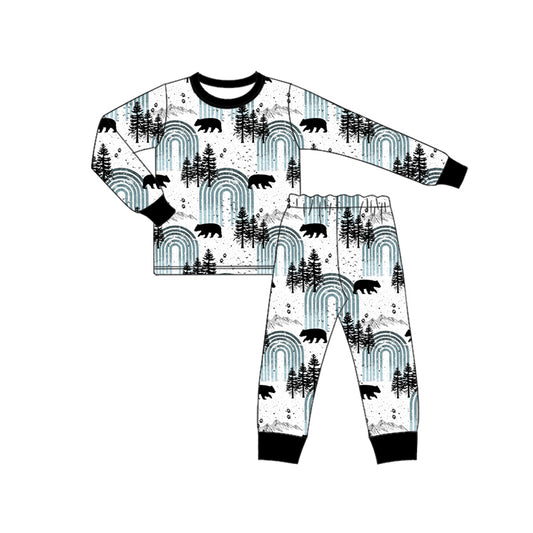 Preorder (moq 5)Baby Boys Long Sleeves Trees Bears Plaid Top Pant Pajamas Set