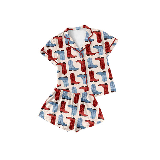 Preorder (moq 5)Baby Girls Pink Short Sleeves Colorful Boots Button Pocket Top Short Pajamas Sets