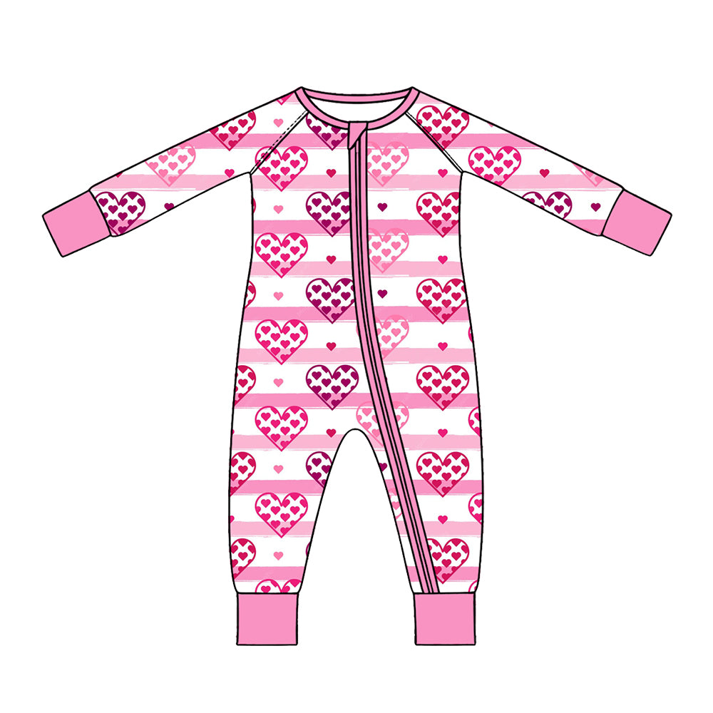 Preorder (moq 5) Baby Girl Clothes Valentine Striped Gradient Heart Print Long Sleeve Zipper Romper
