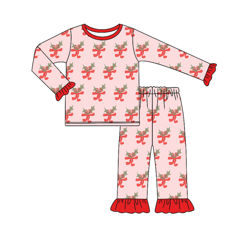 Preorder (moq 5)Baby Girls Pink Long Ruffle Sleeves Bows Holly Top Pant Pajamas Set