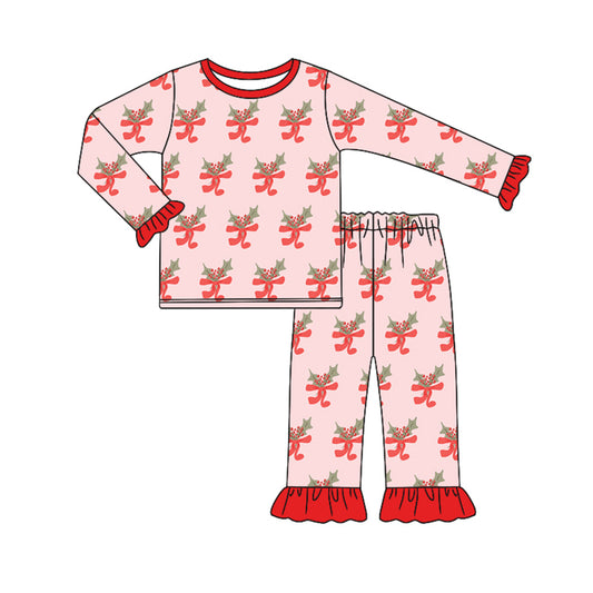 Preorder (moq 5)Baby Girls Pink Long Ruffle Sleeves Bows Holly Top Pant Pajamas Set