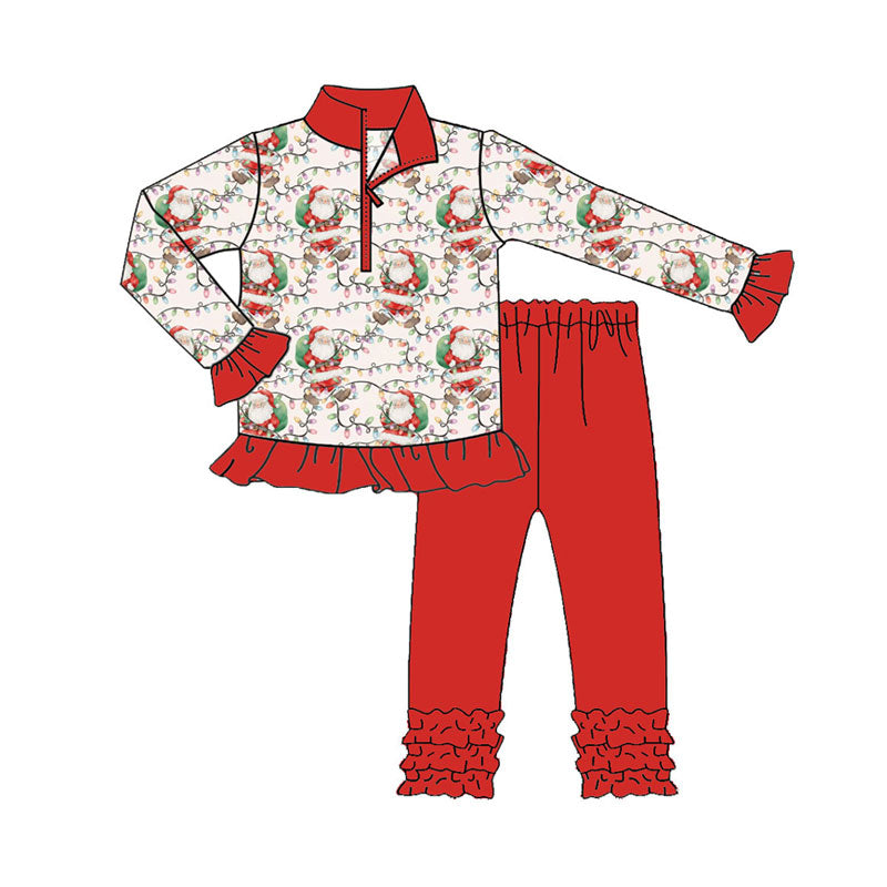 Preorder (moq 5)Baby Girls Santa Lights Plaid Zipper Pullovers Ruffle Leggings Christmas Set