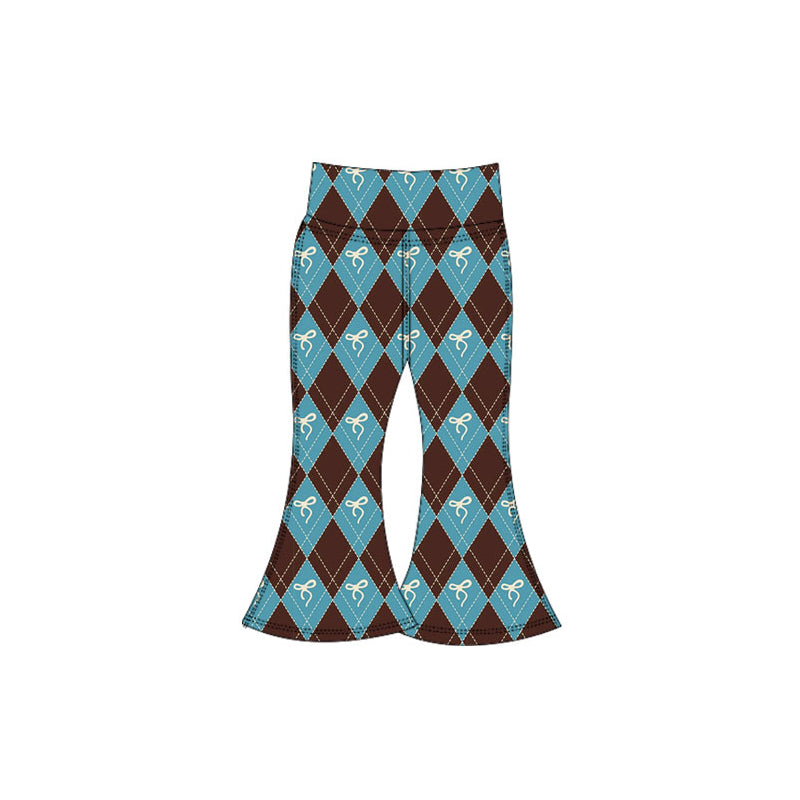 Preorder(moq 5) Baby Girls Brown Blue Checked Bows Bell Bottom Pants Bottom