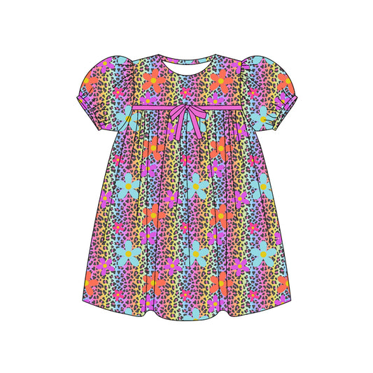 Preorder (moq 5)Baby Girls Short Ruffle Sleeves Colorful Leopard Flowers Knee Length Dresses