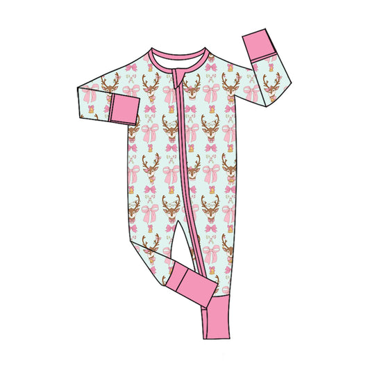 Preorder (moq 5)Baby Girls Candy Cane Deer Christmas Two Way Zip Convertible Rompers
