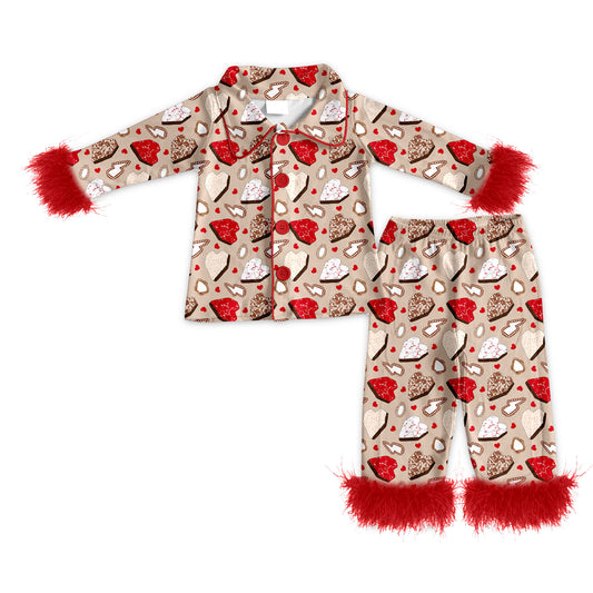 Preorder (moq 5)Baby Girls Turquoises Hearts Button Top Pants Western Fur Sleeve Pajamas Sets