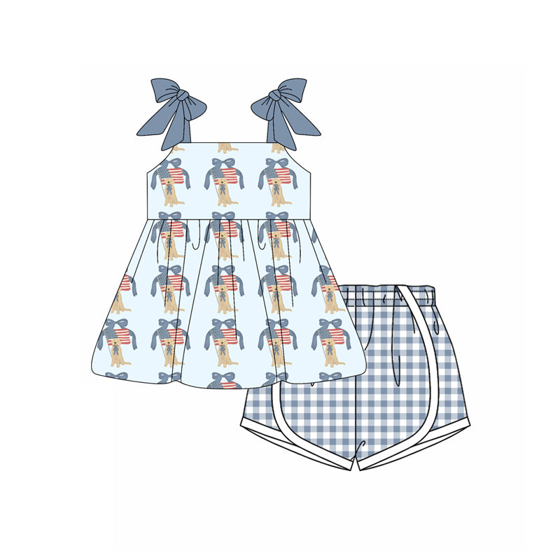 Preorder moq 5 Baby Girls Hot Blue Strap Flags Dogs Tunic Plaid Short 4th Of July Set