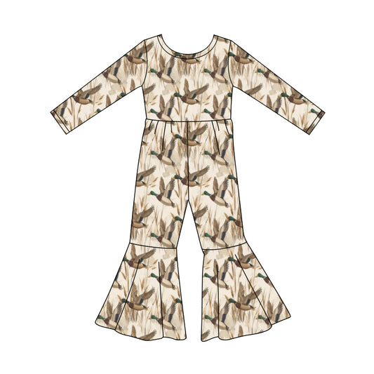 Preorder (moq 5)Baby Girls Long Sleeve Ducks Flowers Bell Bottom Jumpsuits