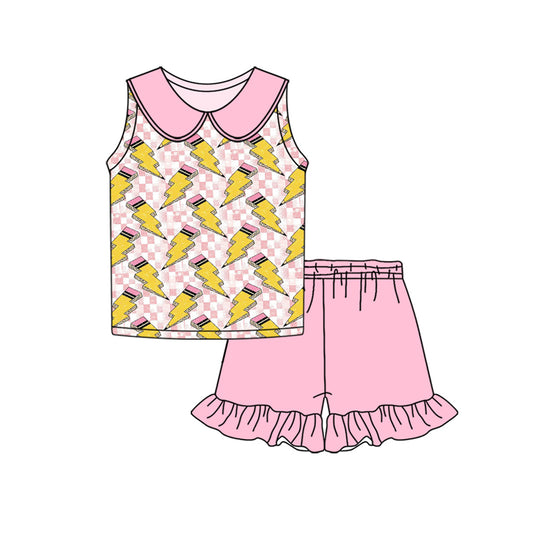 Preorder (moq 5)Baby Girls Back To School Pencil Shirt Ruffle Shorts Clothes Sets