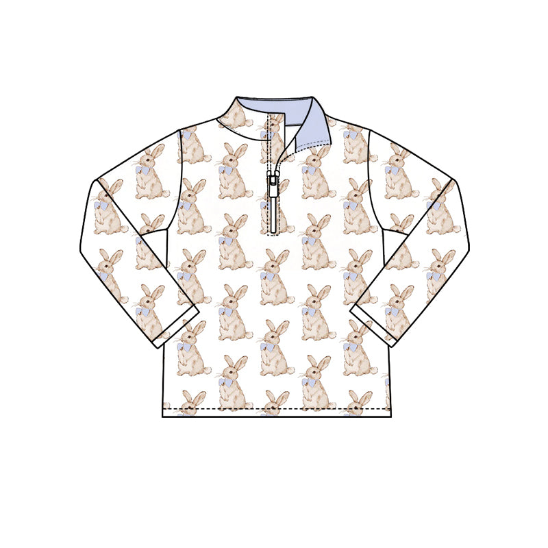 Preorder (moq 5) Baby Girl Clothes Watercolor Bunny Blue Bow Allover Print Long Sleeve Quarter Zip Pullover Top
