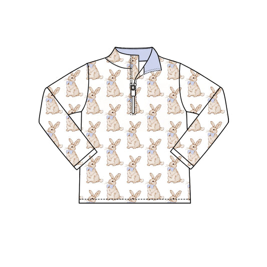 Preorder (moq 5) Baby Girl Clothes Watercolor Bunny Blue Bow Allover Print Long Sleeve Quarter Zip Pullover Top
