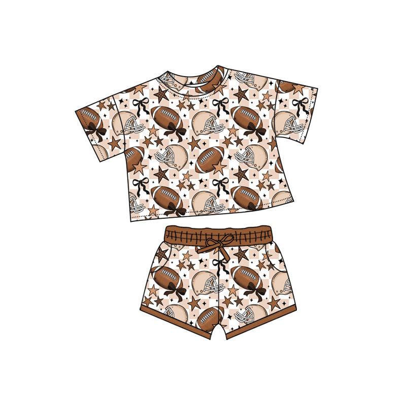 Preorder(moq 5) Baby Girls Khaki Checked Stars Footballs Top Pockets Shorts Team Clothes Sets