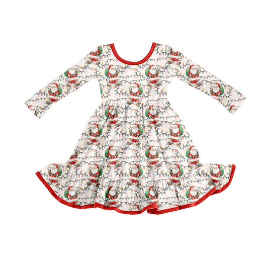 Preorder (moq 5)Baby Girls Santa Lights Plaid Christmas Ruffle Knee Length Dresses
